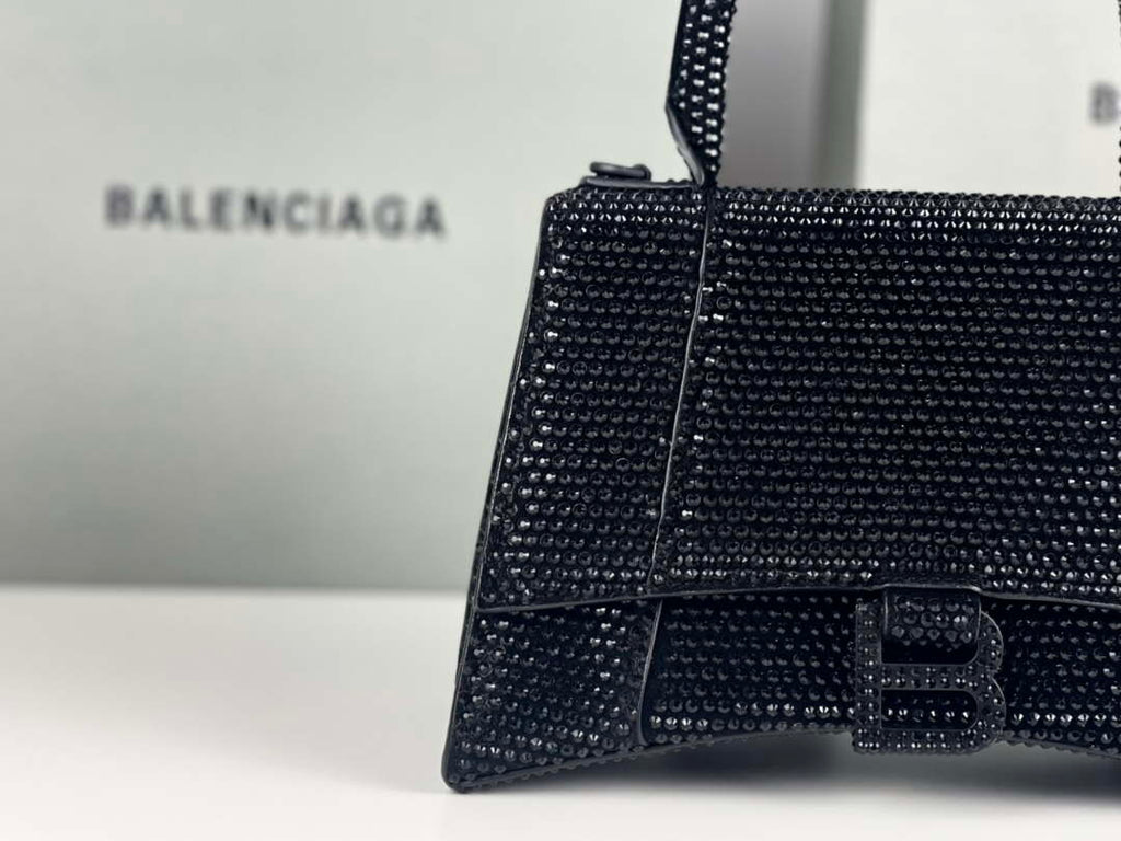Balenciaga 59283328 Hourglass Top Handle in Black Suede Calfskin with Rhinestones