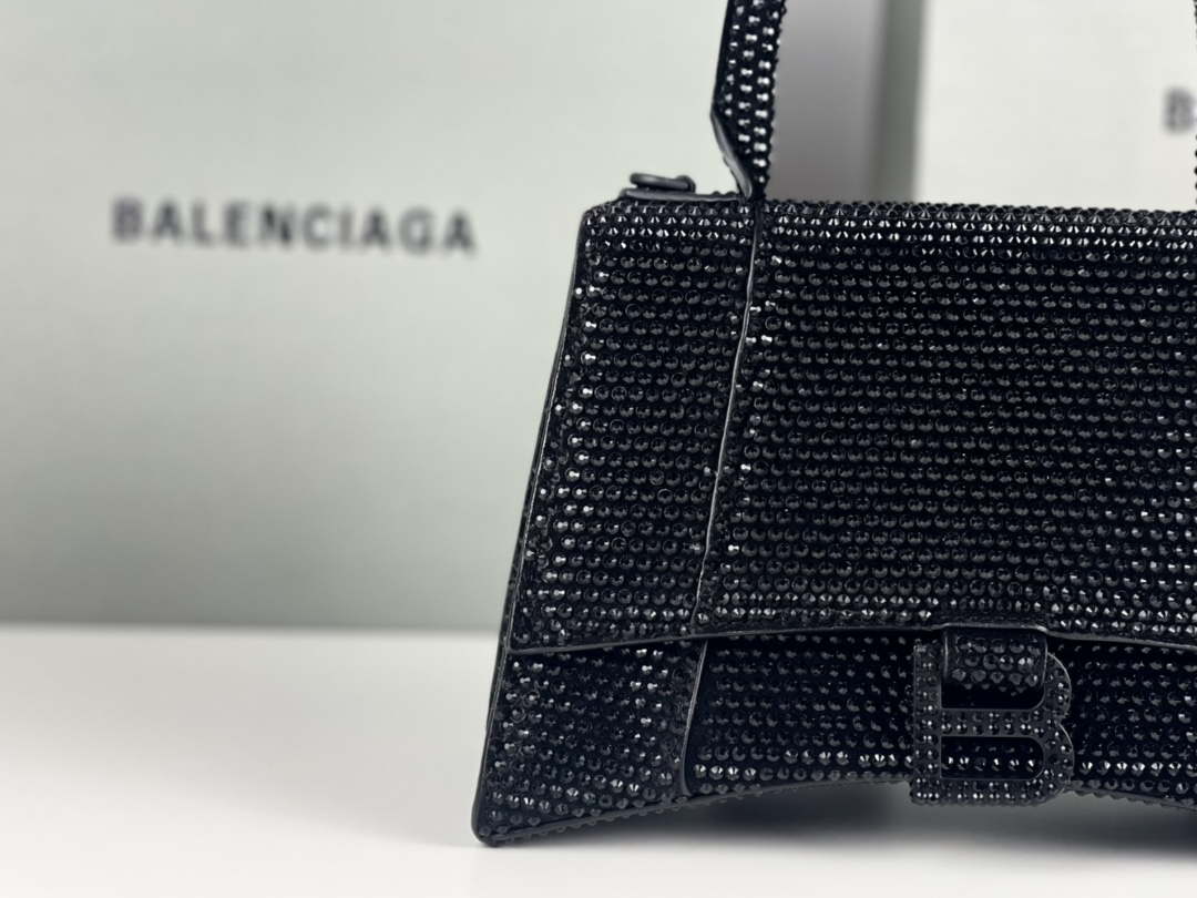 Balenciaga 59283328 Hourglass Top Handle in Black Suede Calfskin with Rhinestones