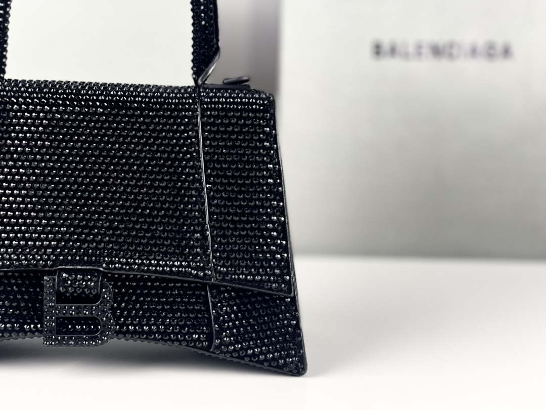 Balenciaga 59283328 Hourglass Top Handle in Black Suede Calfskin with Rhinestones