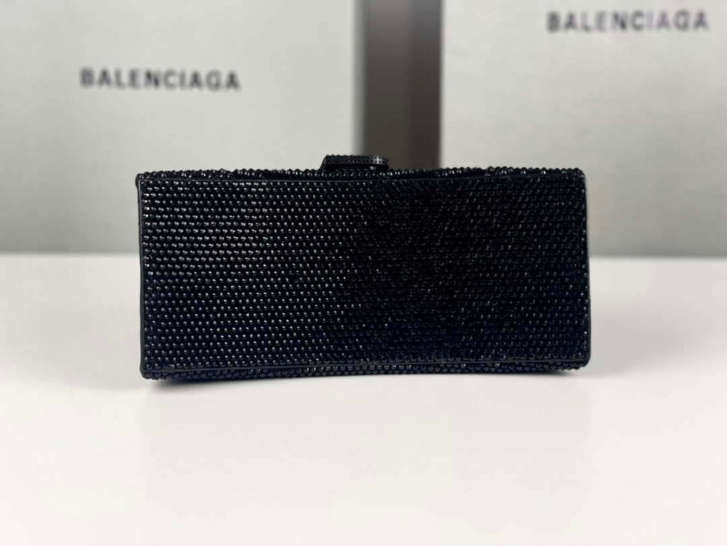 Balenciaga 59283328 Hourglass Top Handle in Black Suede Calfskin with Rhinestones