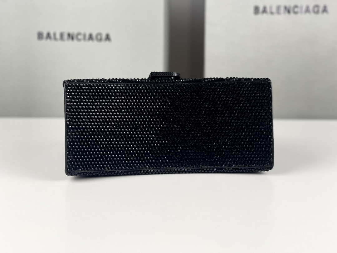 Balenciaga 59283328 Hourglass Top Handle in Black Suede Calfskin with Rhinestones