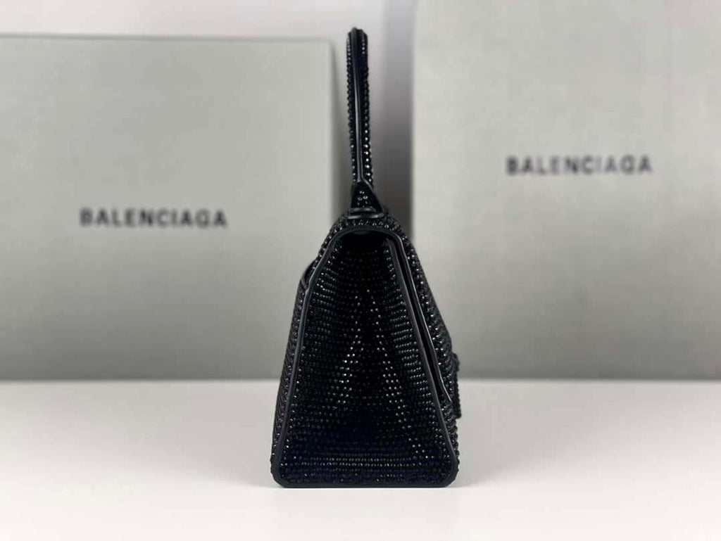 Balenciaga 59283328 Hourglass Top Handle in Black Suede Calfskin with Rhinestones