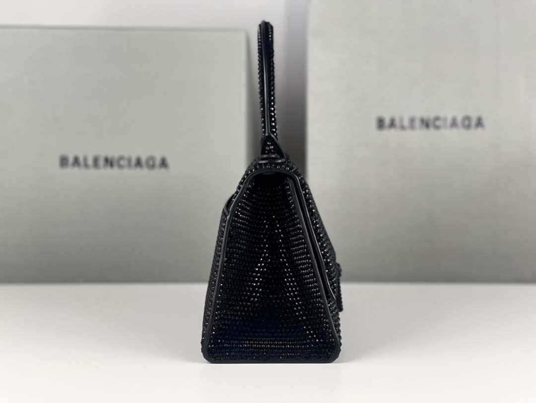 Balenciaga 59283328 Hourglass Top Handle in Black Suede Calfskin with Rhinestones