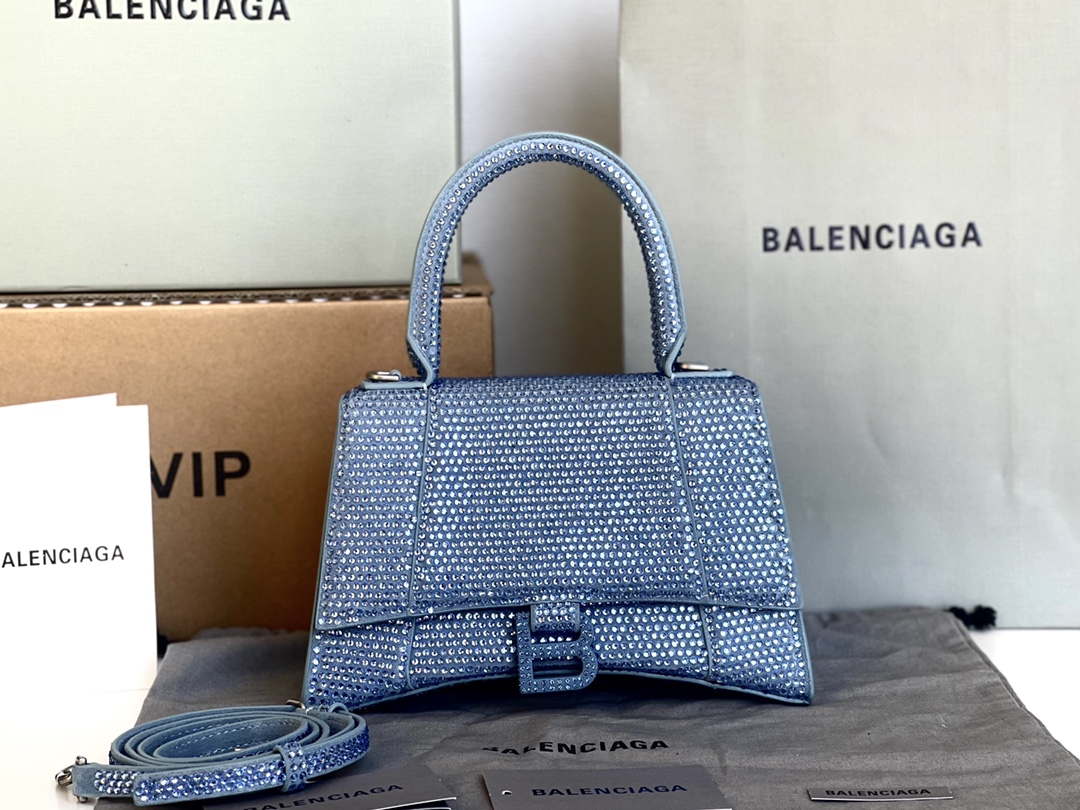 Balenciaga 59283328 Hourglass Top Handle in Blue Suede Calfskin with Rhinestones - Default Title - View 1