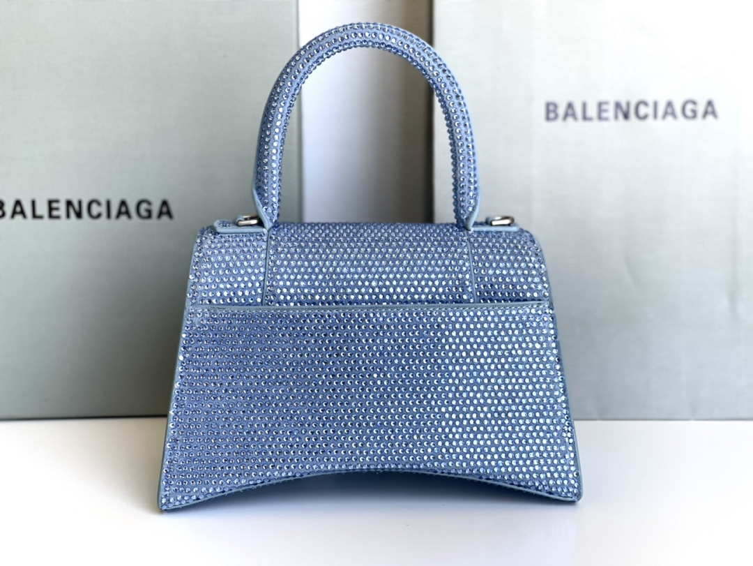 Balenciaga 59283328 Hourglass Top Handle in Blue Suede Calfskin with Rhinestones