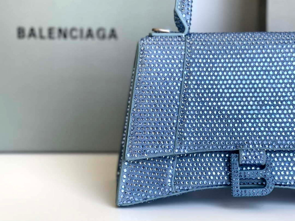 Balenciaga 59283328 Hourglass Top Handle in Blue Suede Calfskin with Rhinestones
