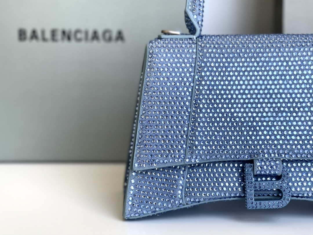 Balenciaga 59283328 Hourglass Top Handle in Blue Suede Calfskin with Rhinestones
