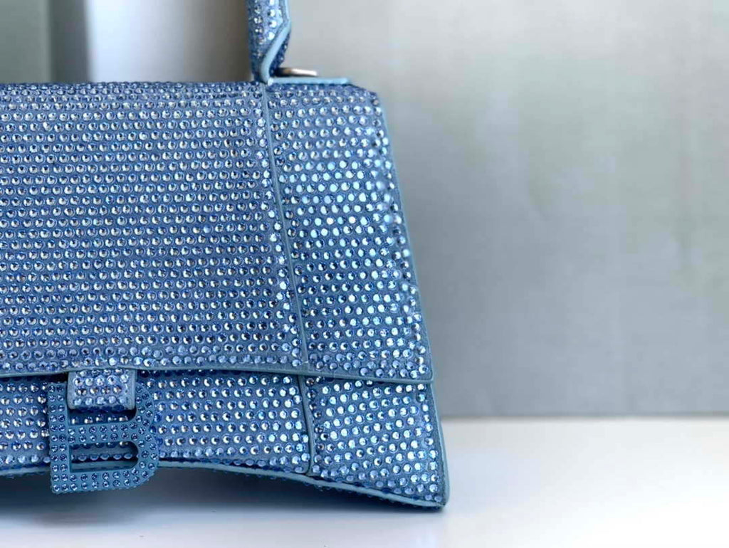 Balenciaga 59283328 Hourglass Top Handle in Blue Suede Calfskin with Rhinestones