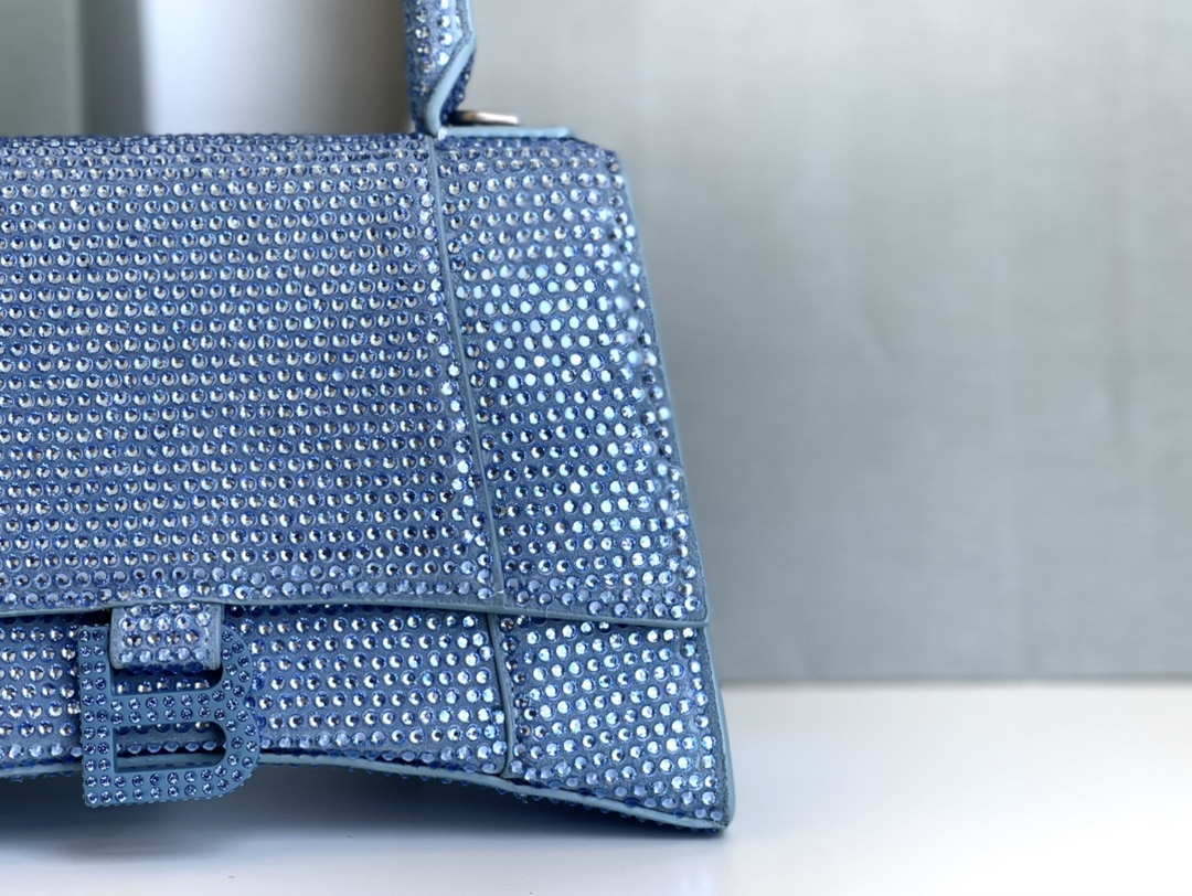 Balenciaga 59283328 Hourglass Top Handle in Blue Suede Calfskin with Rhinestones