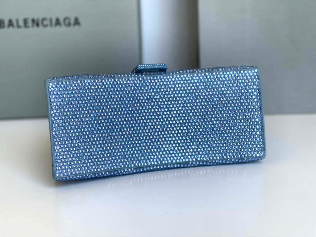 Balenciaga 59283328 Hourglass Top Handle in Blue Suede Calfskin with Rhinestones