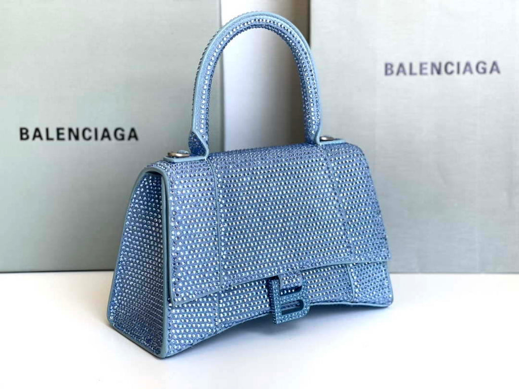 Balenciaga 59283328 Hourglass Top Handle in Blue Suede Calfskin with Rhinestones