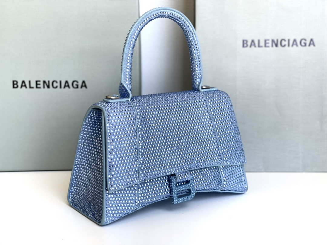 Balenciaga 59283328 Hourglass Top Handle in Blue Suede Calfskin with Rhinestones