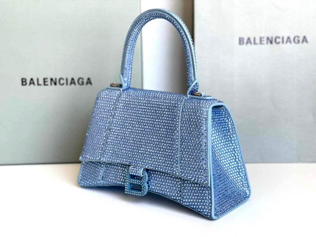 Balenciaga 59283328 Hourglass Top Handle in Blue Suede Calfskin with Rhinestones