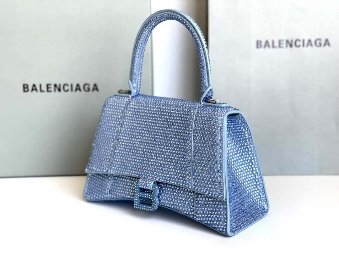Balenciaga 59283328 Hourglass Top Handle in Blue Suede Calfskin with Rhinestones