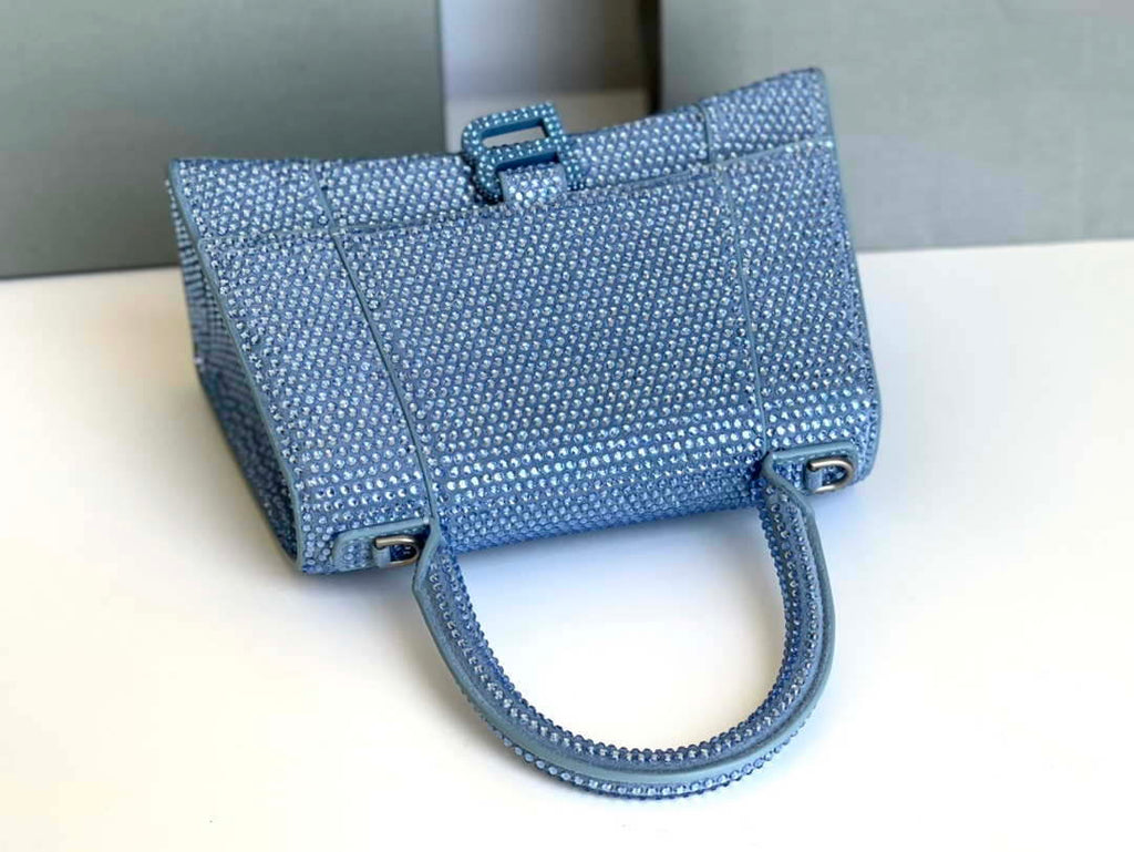 Balenciaga 59283328 Hourglass Top Handle in Blue Suede Calfskin with Rhinestones