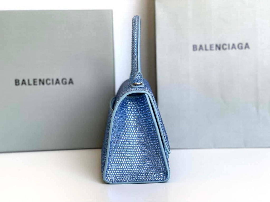 Balenciaga 59283328 Hourglass Top Handle in Blue Suede Calfskin with Rhinestones