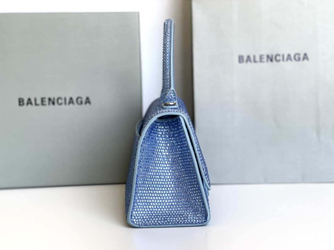 Balenciaga 59283328 Hourglass Top Handle in Blue Suede Calfskin with Rhinestones