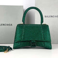Balenciaga 59283328 Hourglass Top Handle in Dark Green Suede Calfskin with Rhinestones - Default Title - View 1