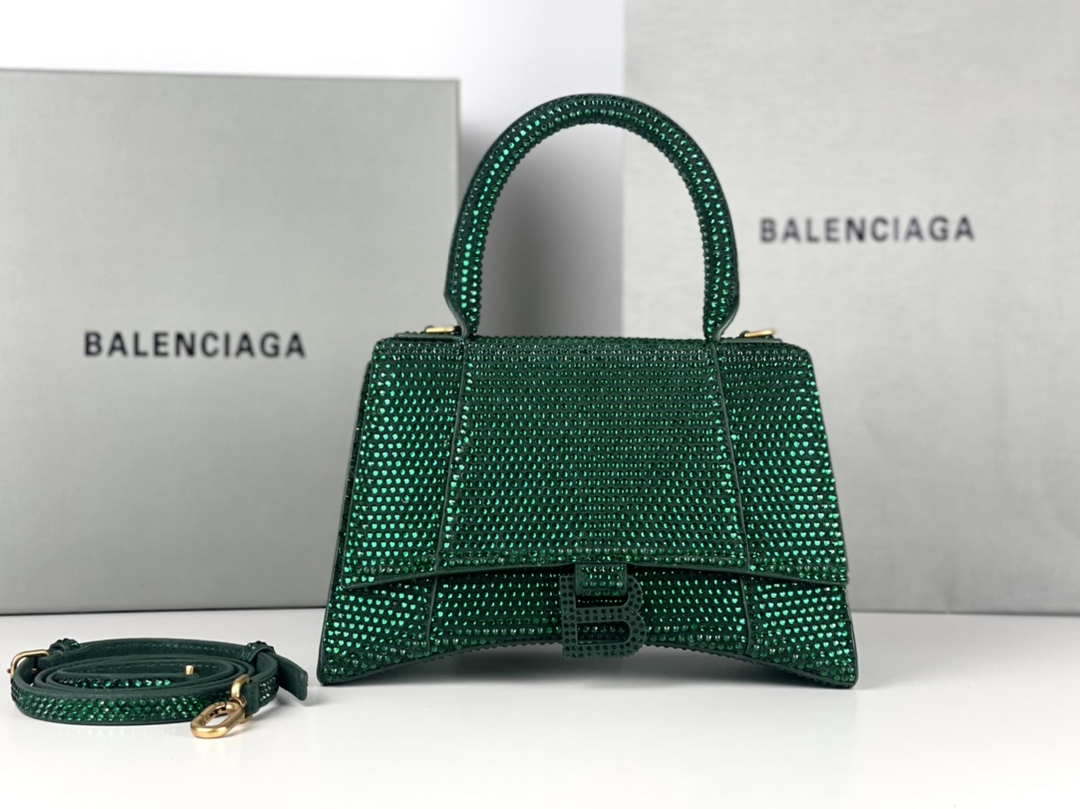 Balenciaga 59283328 Hourglass Top Handle in Dark Green Suede Calfskin with Rhinestones - Default Title - View 1