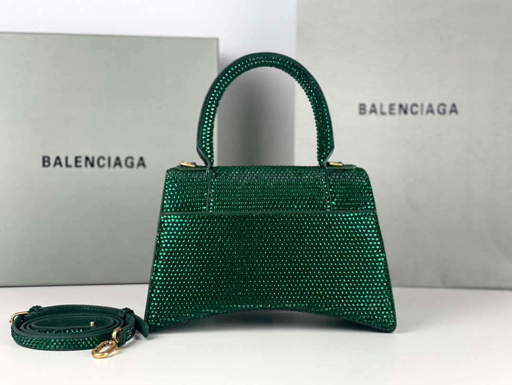 Balenciaga 59283328 Hourglass Top Handle in Dark Green Suede Calfskin with Rhinestones