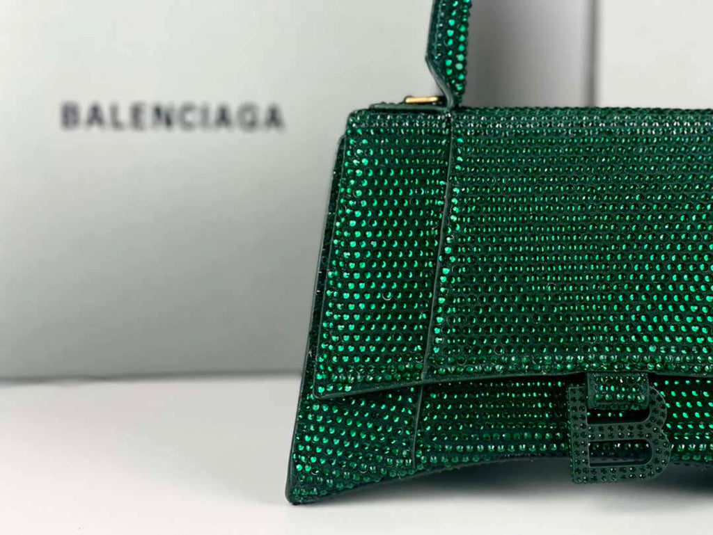 Balenciaga 59283328 Hourglass Top Handle in Dark Green Suede Calfskin with Rhinestones