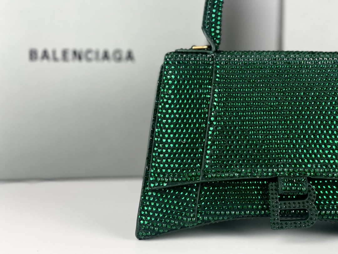 Balenciaga 59283328 Hourglass Top Handle in Dark Green Suede Calfskin with Rhinestones