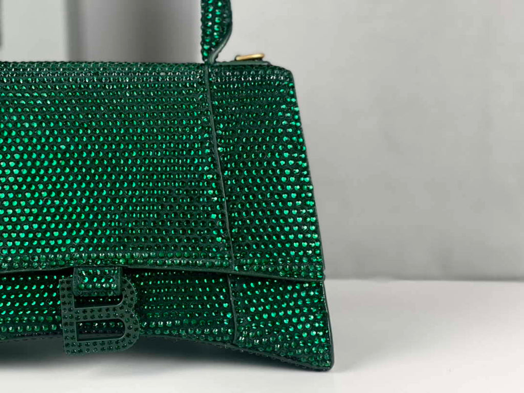 Balenciaga 59283328 Hourglass Top Handle in Dark Green Suede Calfskin with Rhinestones