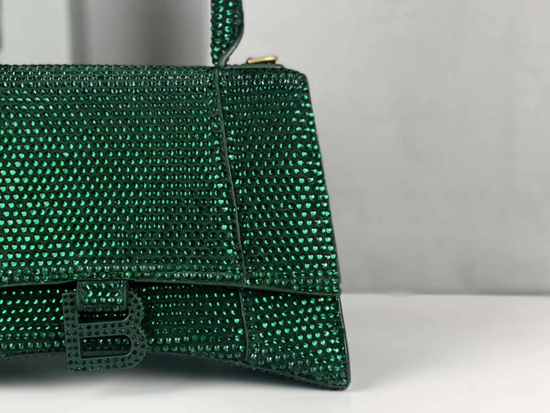 Balenciaga 59283328 Hourglass Top Handle in Dark Green Suede Calfskin with Rhinestones