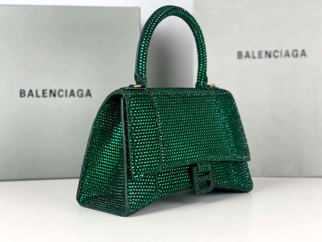 Balenciaga 59283328 Hourglass Top Handle in Dark Green Suede Calfskin with Rhinestones