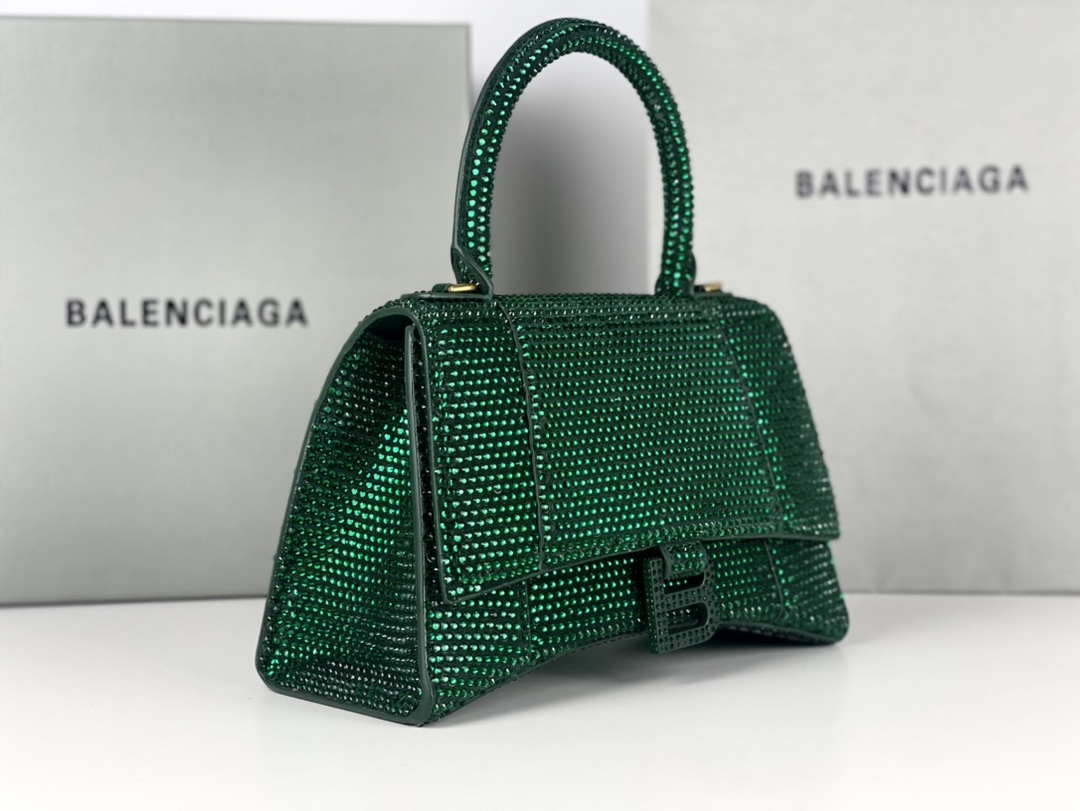 Balenciaga 59283328 Hourglass Top Handle in Dark Green Suede Calfskin with Rhinestones