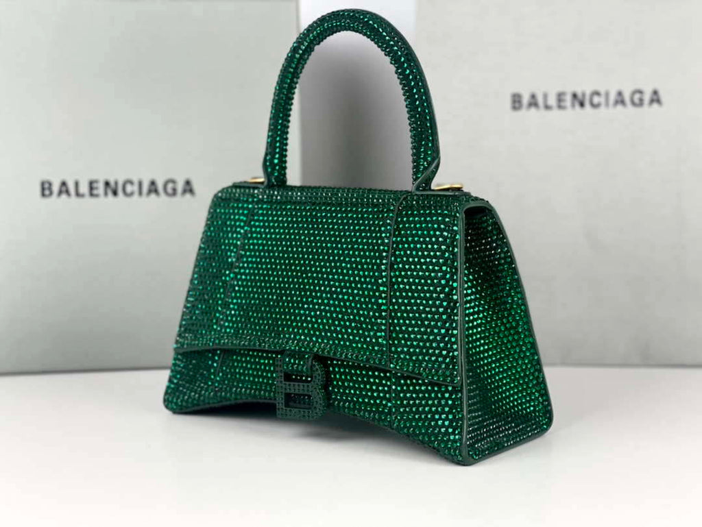 Balenciaga 59283328 Hourglass Top Handle in Dark Green Suede Calfskin with Rhinestones