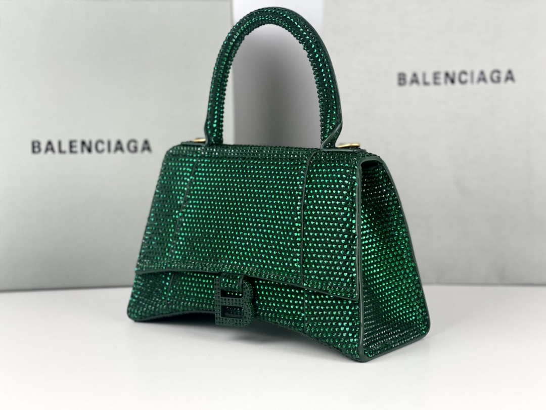 Balenciaga 59283328 Hourglass Top Handle in Dark Green Suede Calfskin with Rhinestones