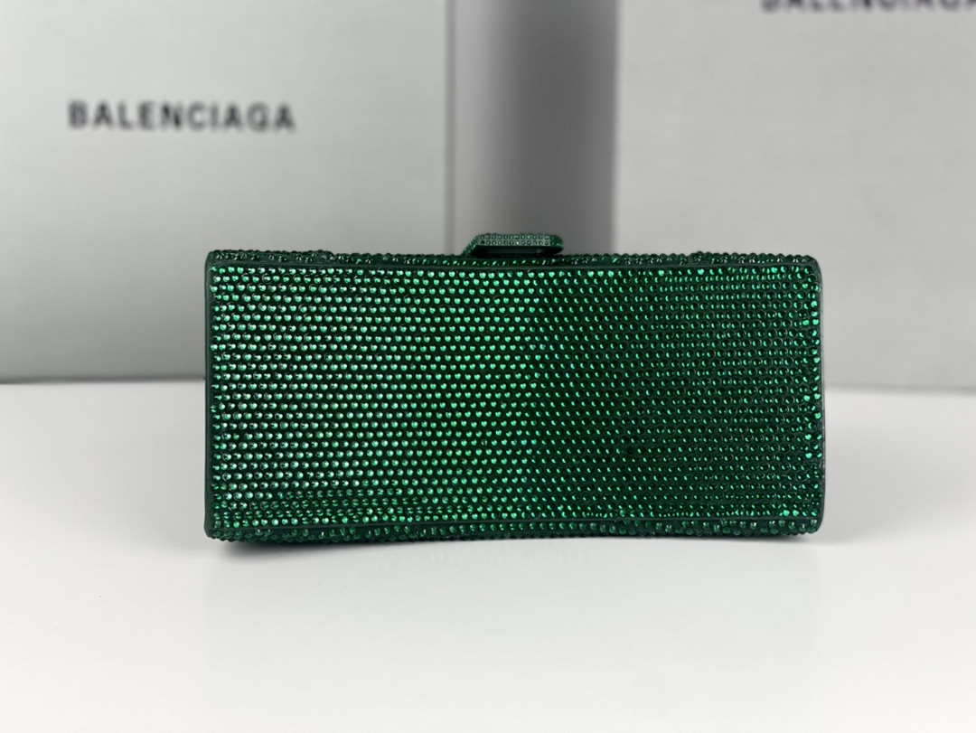 Balenciaga 59283328 Hourglass Top Handle in Dark Green Suede Calfskin with Rhinestones