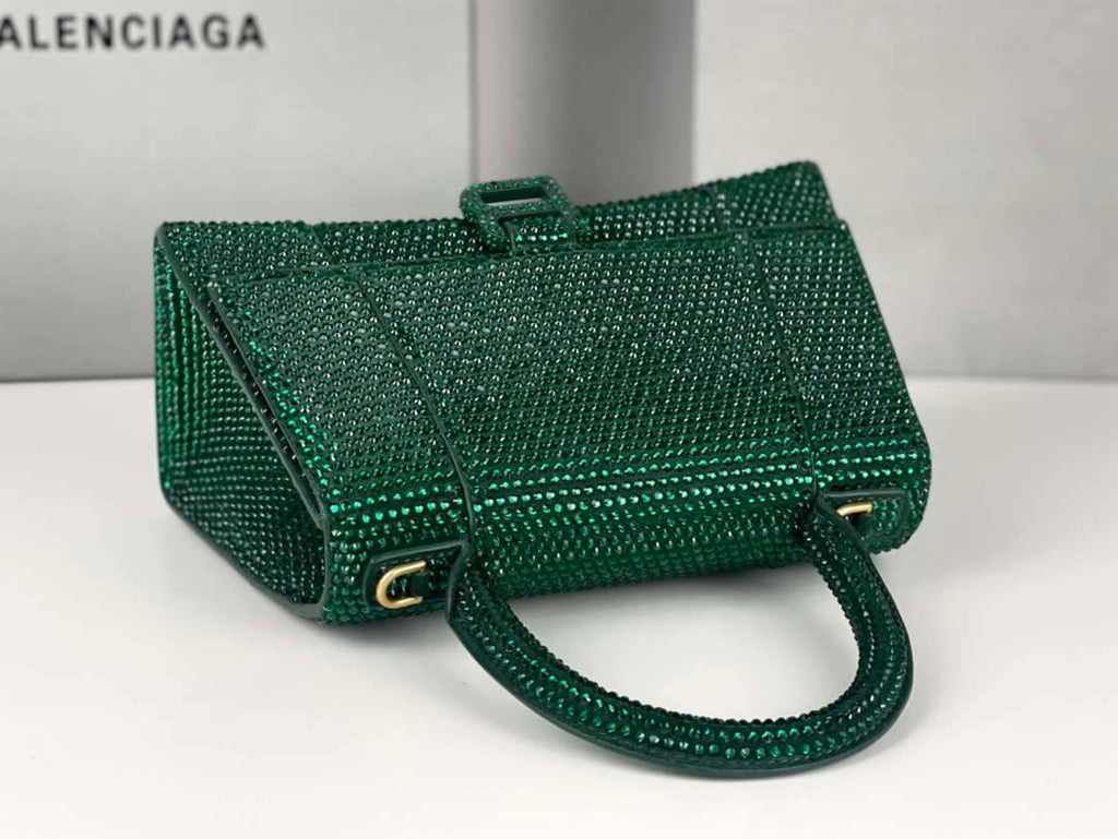 Balenciaga 59283328 Hourglass Top Handle in Dark Green Suede Calfskin with Rhinestones