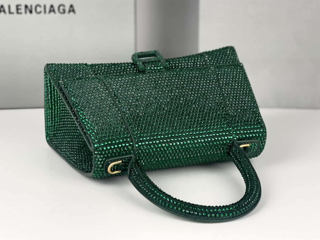 Balenciaga 59283328 Hourglass Top Handle in Dark Green Suede Calfskin with Rhinestones
