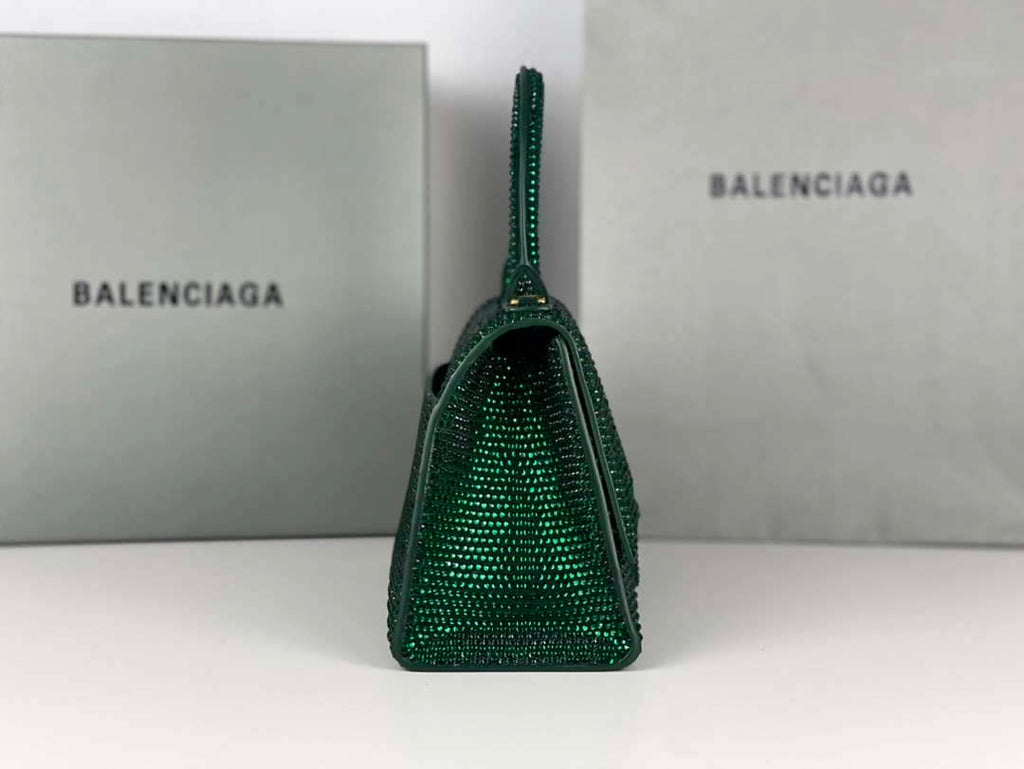 Balenciaga 59283328 Hourglass Top Handle in Dark Green Suede Calfskin with Rhinestones