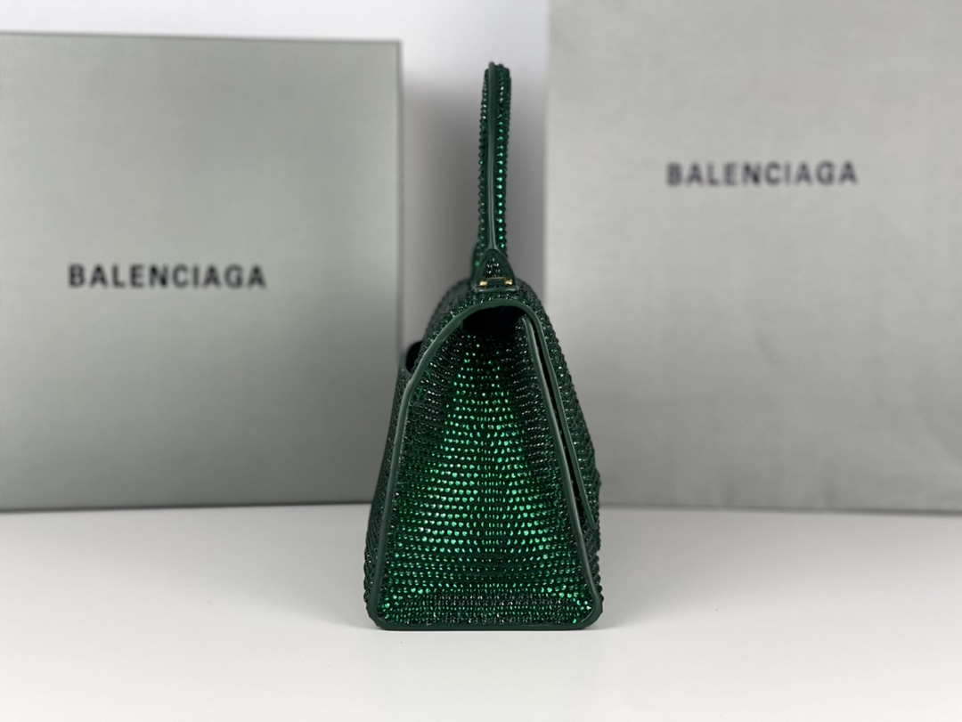 Balenciaga 59283328 Hourglass Top Handle in Dark Green Suede Calfskin with Rhinestones