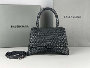 Balenciaga 59283328 Hourglass Top Handle in Gray Suede Calfskin with Rhinestones - Default Title - View 1
