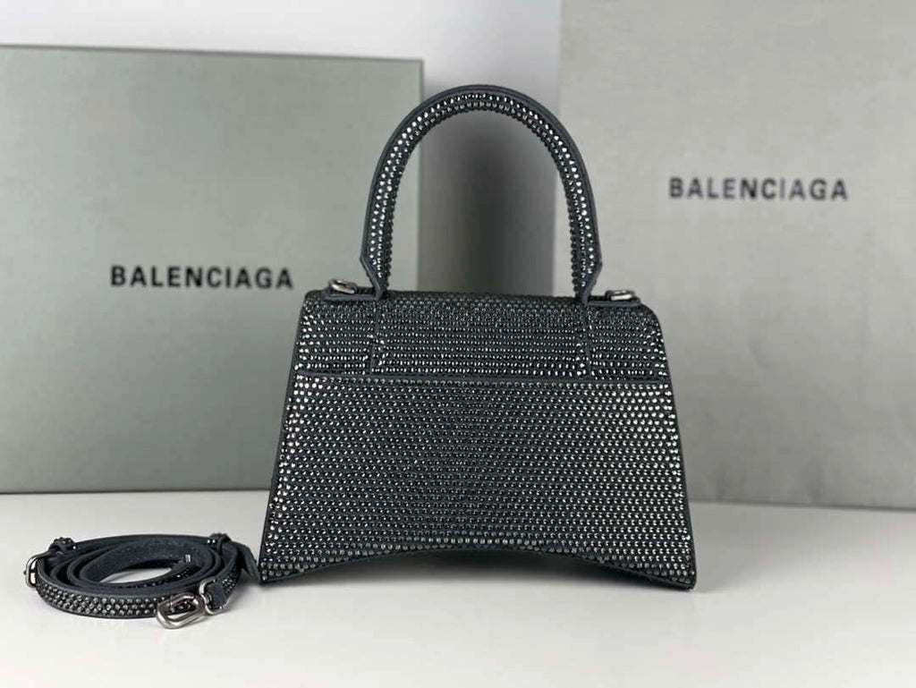 Balenciaga 59283328 Hourglass Top Handle in Gray Suede Calfskin with Rhinestones