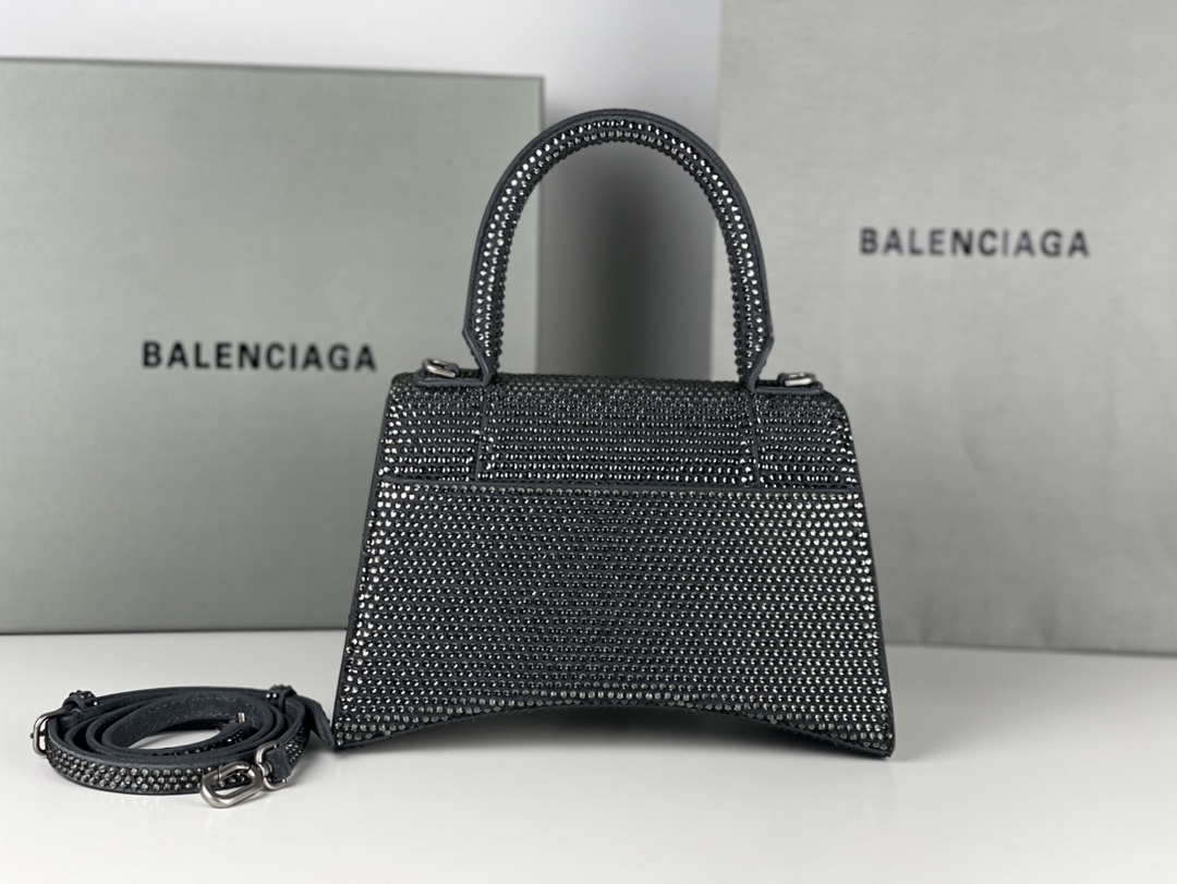 Balenciaga 59283328 Hourglass Top Handle in Gray Suede Calfskin with Rhinestones
