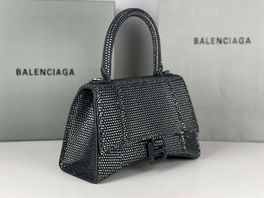 Balenciaga 59283328 Hourglass Top Handle in Gray Suede Calfskin with Rhinestones