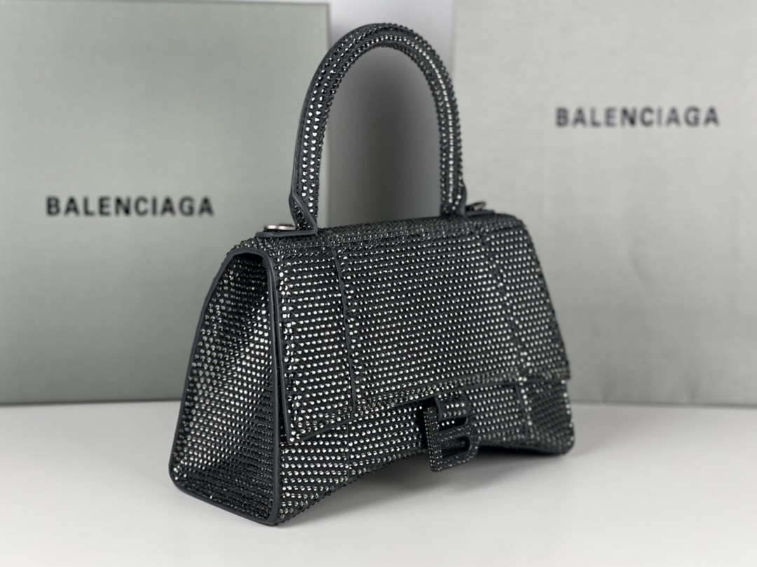 Balenciaga 59283328 Hourglass Top Handle in Gray Suede Calfskin with Rhinestones
