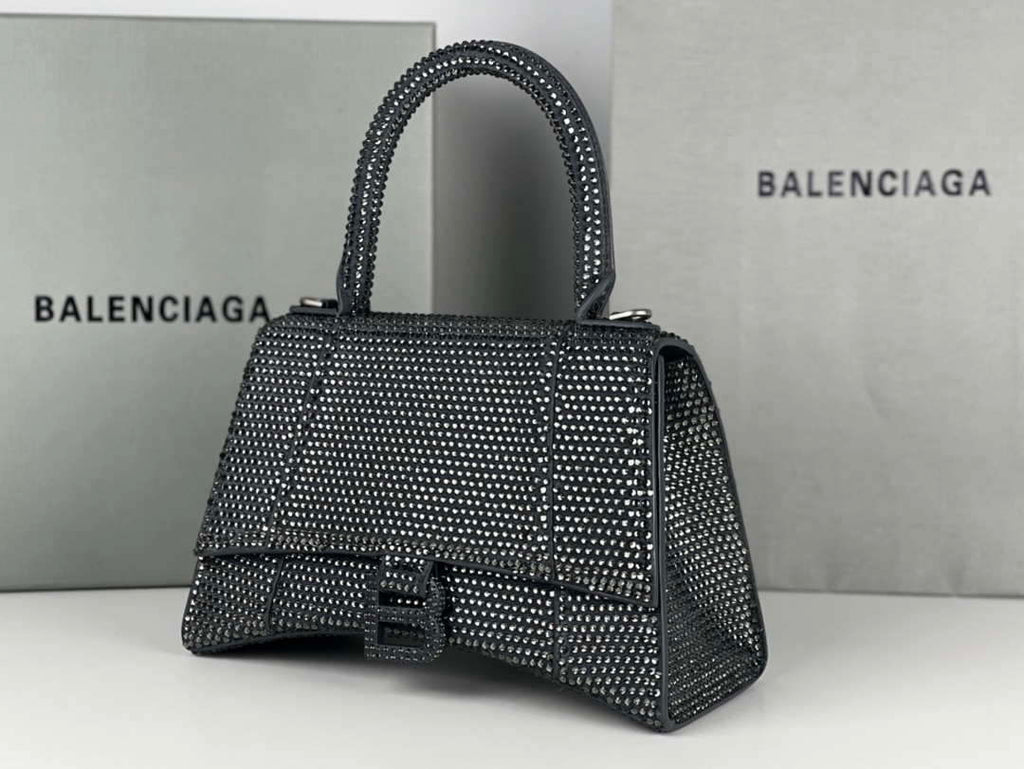 Balenciaga 59283328 Hourglass Top Handle in Gray Suede Calfskin with Rhinestones