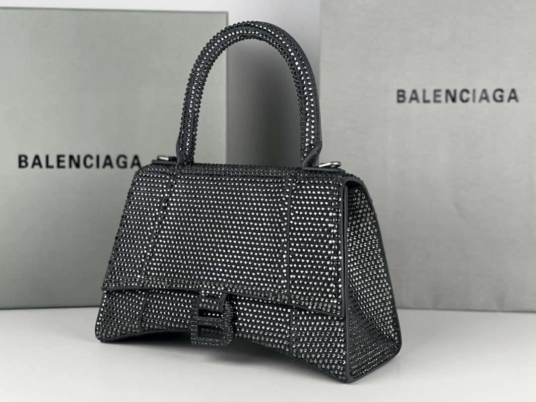 Balenciaga 59283328 Hourglass Top Handle in Gray Suede Calfskin with Rhinestones