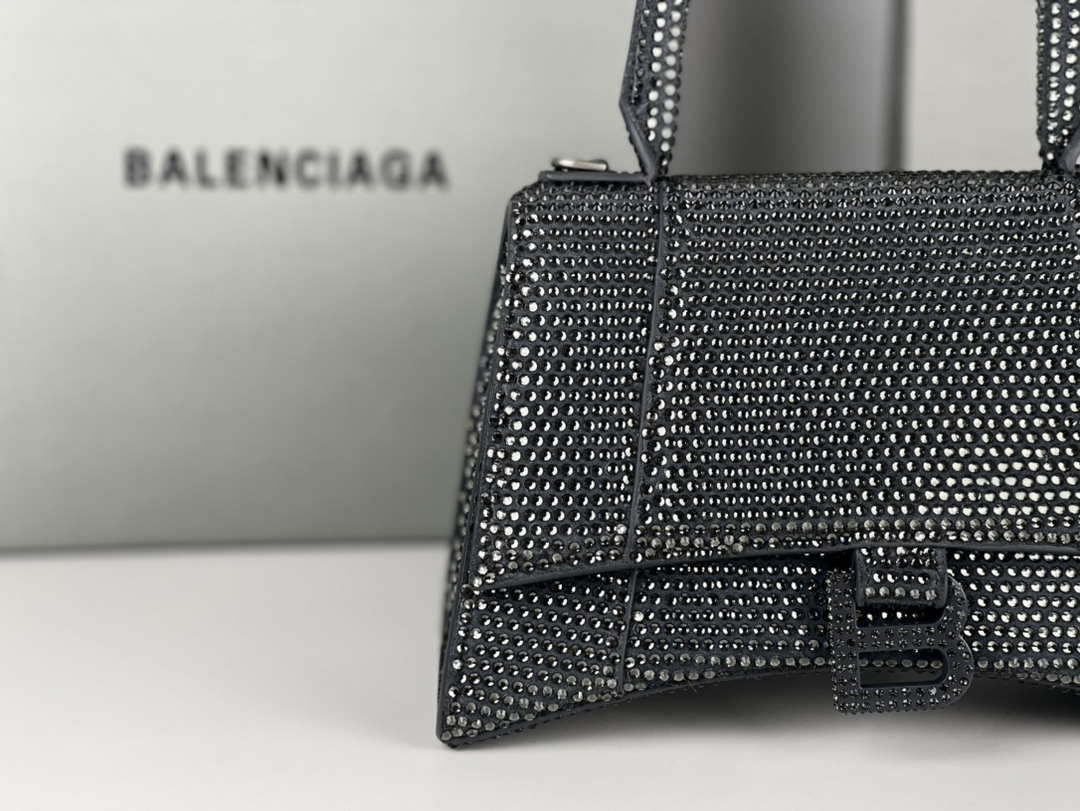 Balenciaga 59283328 Hourglass Top Handle in Gray Suede Calfskin with Rhinestones
