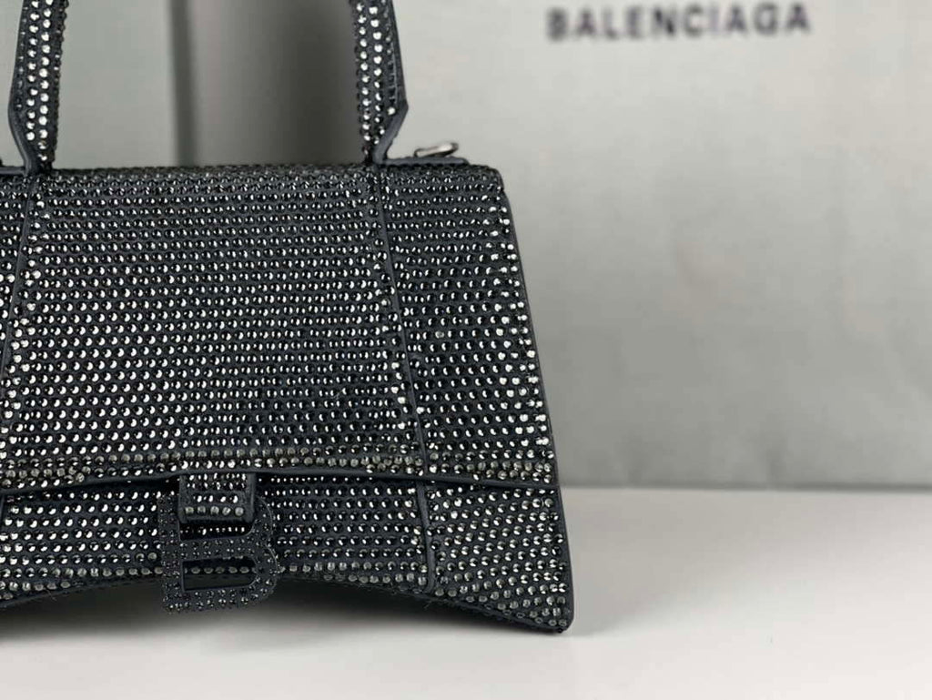 Balenciaga 59283328 Hourglass Top Handle in Gray Suede Calfskin with Rhinestones