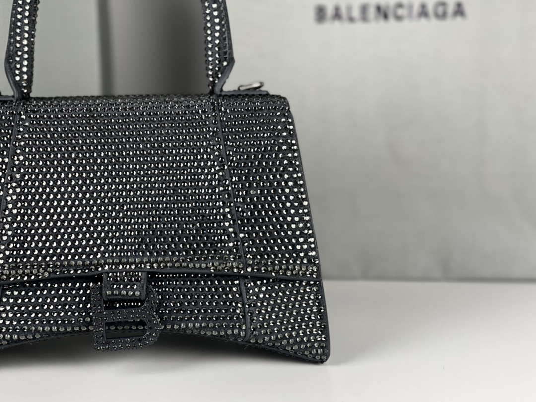 Balenciaga 59283328 Hourglass Top Handle in Gray Suede Calfskin with Rhinestones