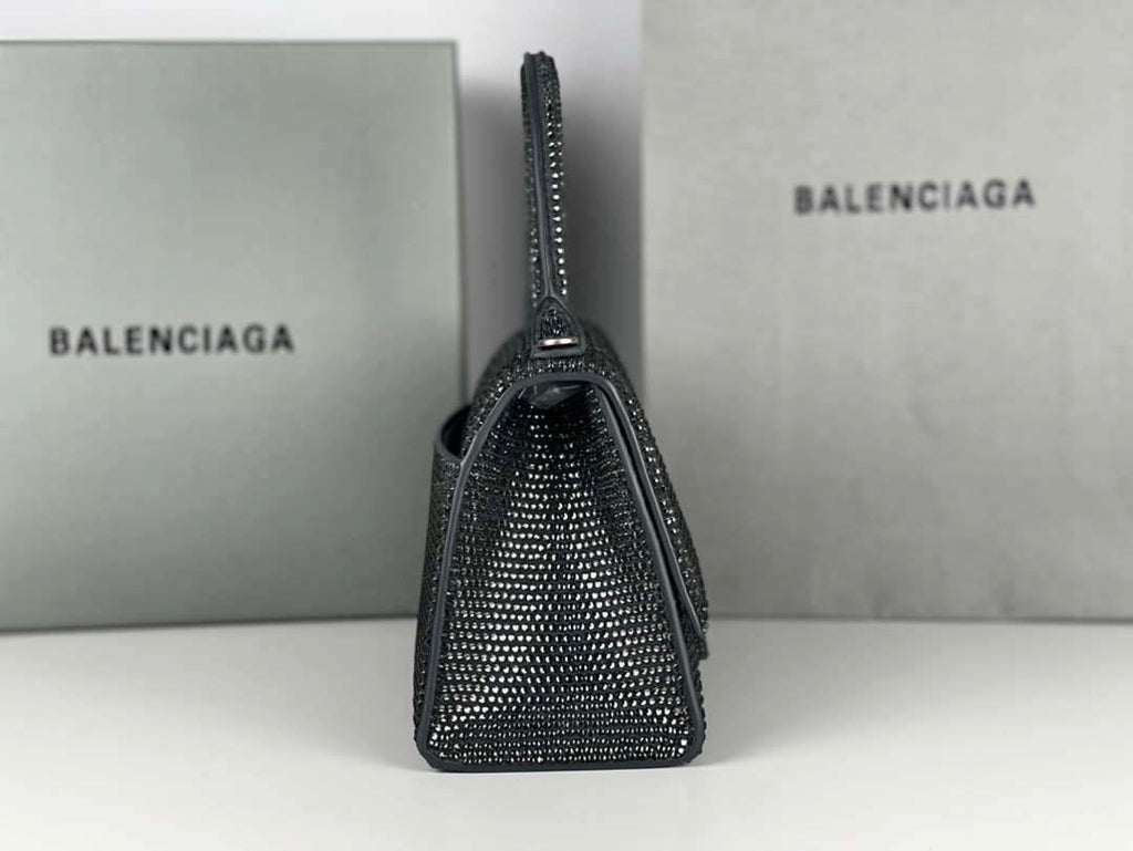 Balenciaga 59283328 Hourglass Top Handle in Gray Suede Calfskin with Rhinestones