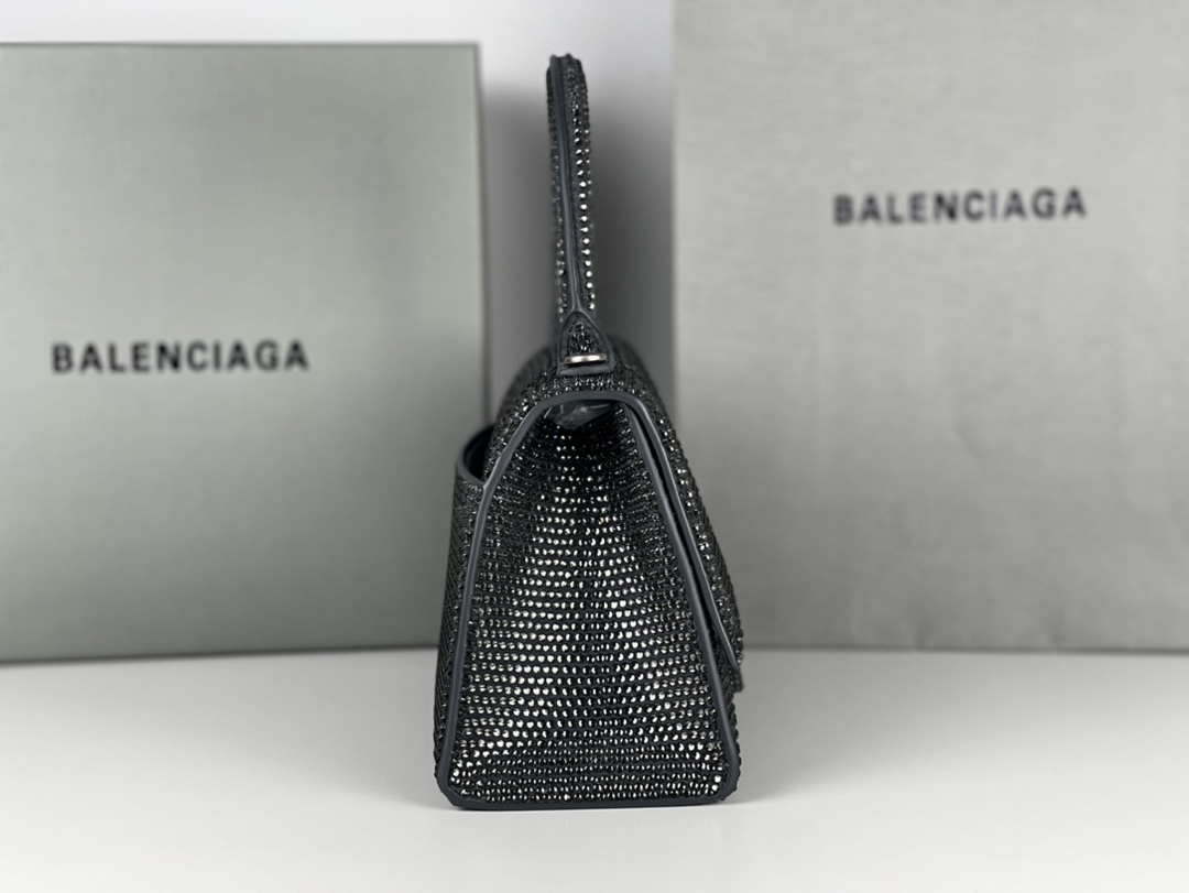 Balenciaga 59283328 Hourglass Top Handle in Gray Suede Calfskin with Rhinestones