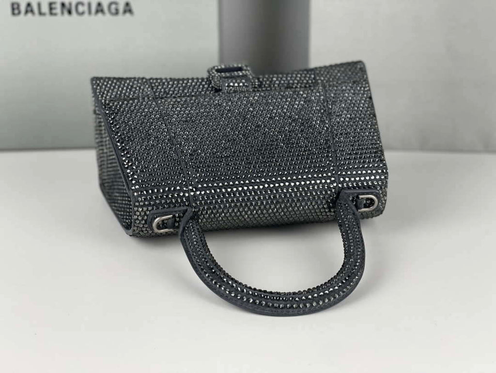 Balenciaga 59283328 Hourglass Top Handle in Gray Suede Calfskin with Rhinestones